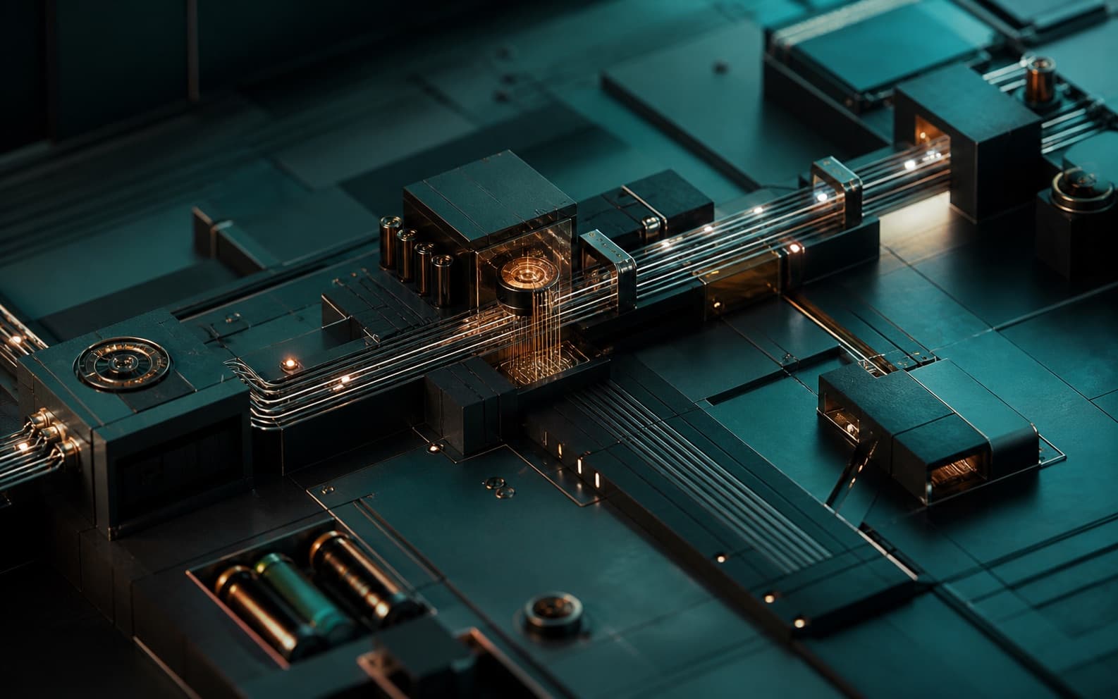 A teal architectural system model with connected data paths.