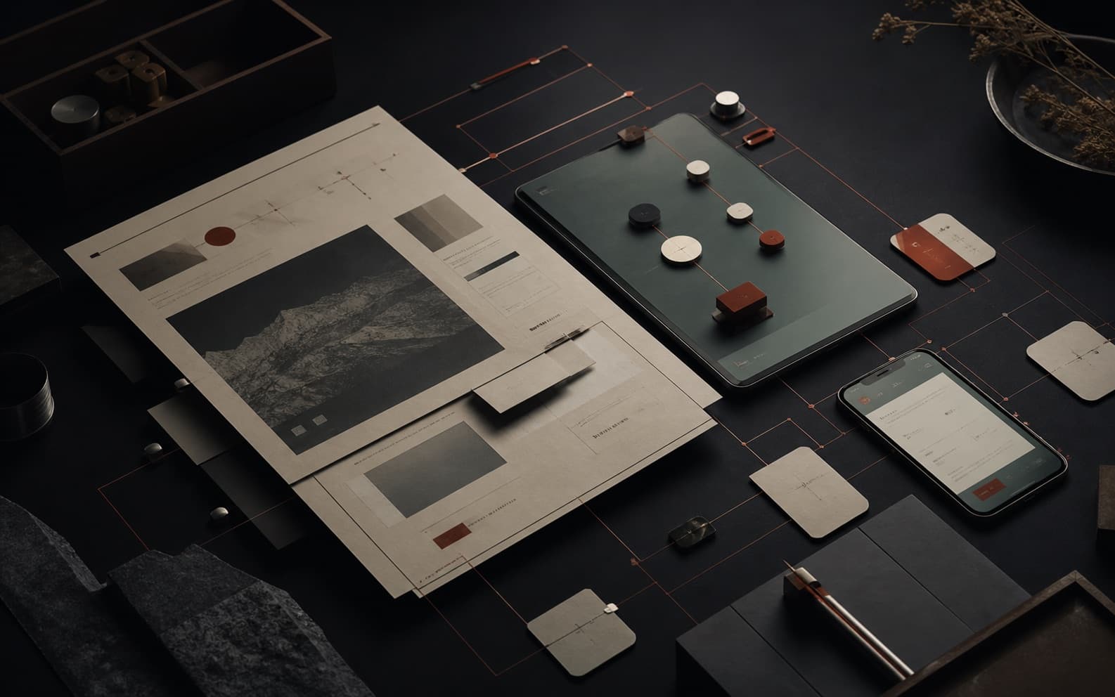 A sculptural product map connecting paper, tablet, and mobile surfaces.