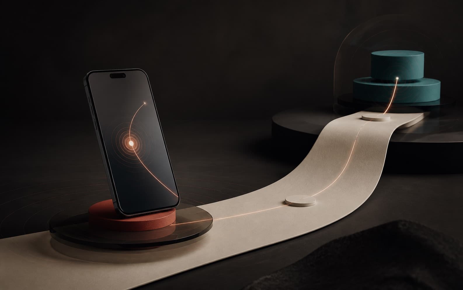 A mobile device connected to a sculptural product signal path.