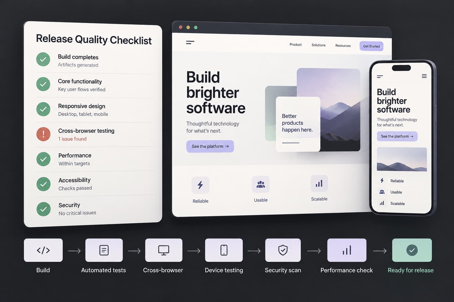 Illustration of release checks across browser and mobile interfaces.