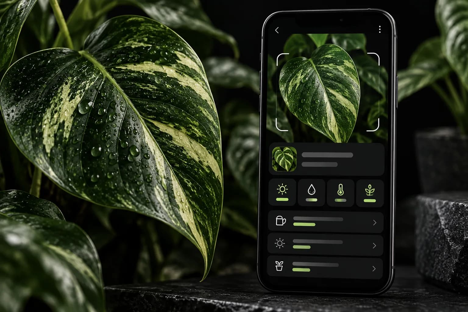 Generated close view of plant leaves beside a mobile identification interface.