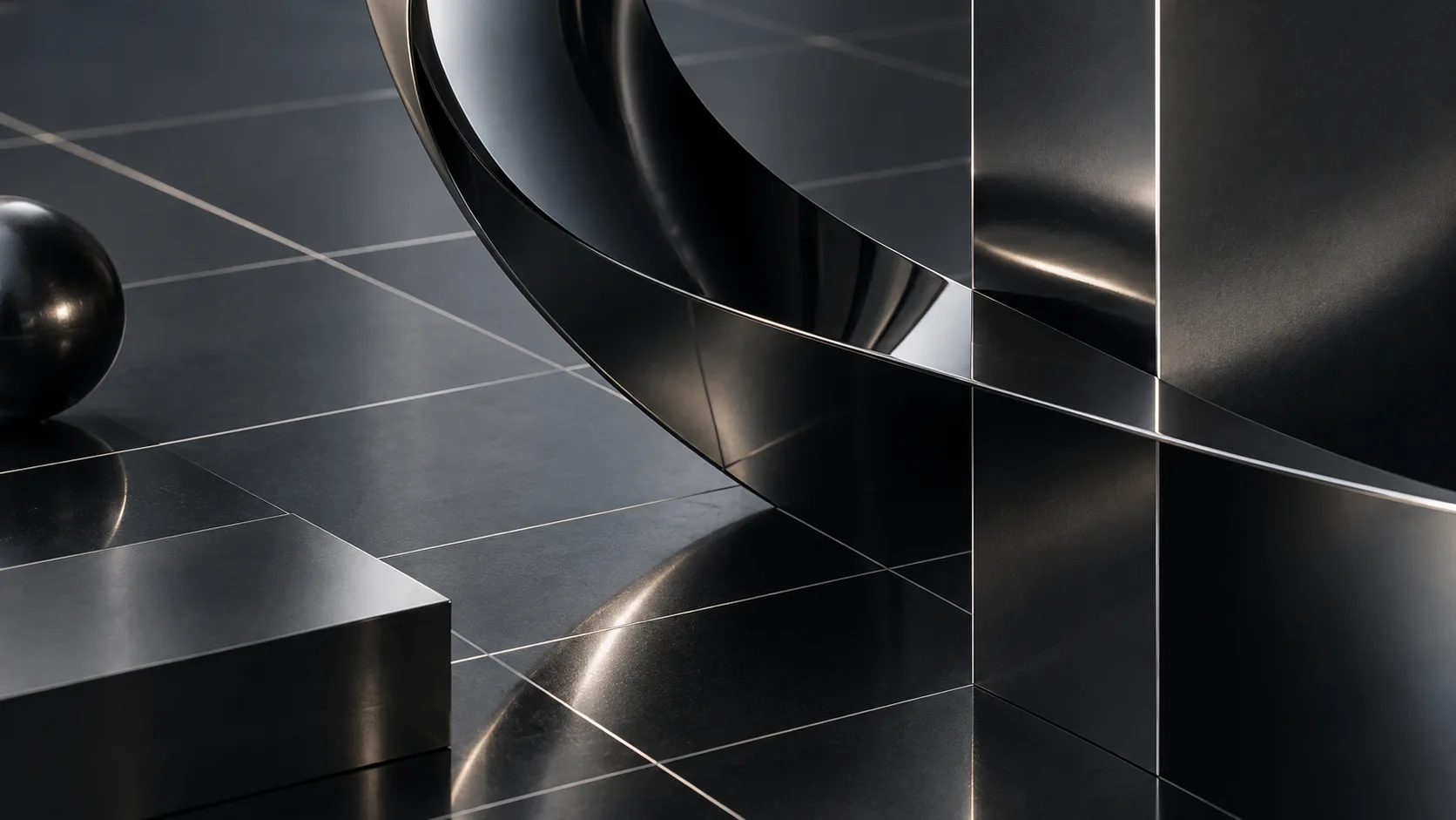 Generated abstract close view of a reflective dark metal identity system.