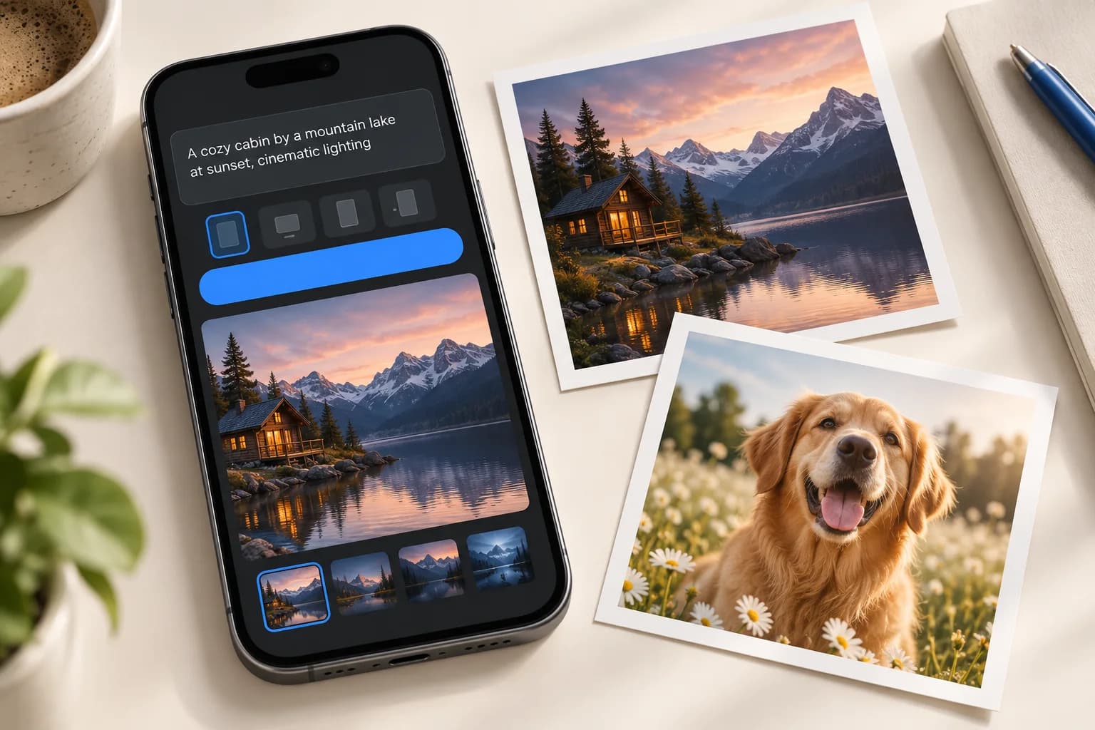Generated close view of a mobile image studio and two created images.