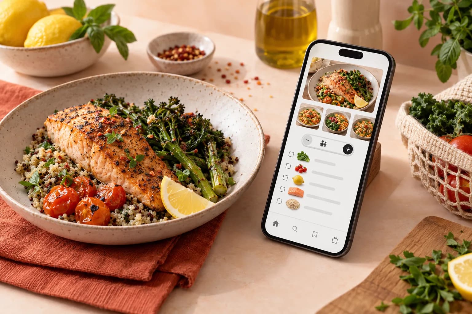 Generated close view of a mobile recipe collection beside prepared food.