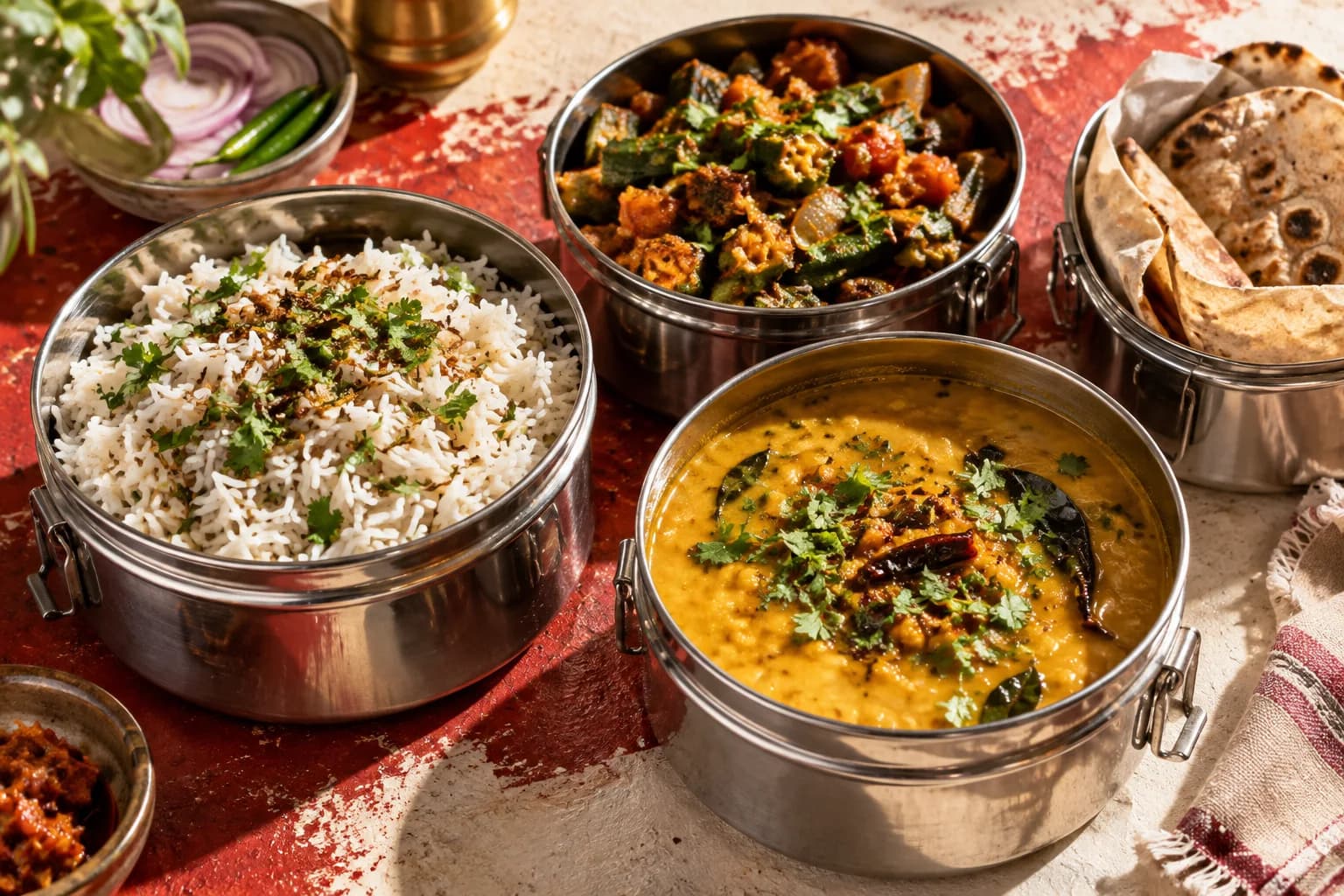 Generated close view of Indian meal choices and tiffin service imagery.