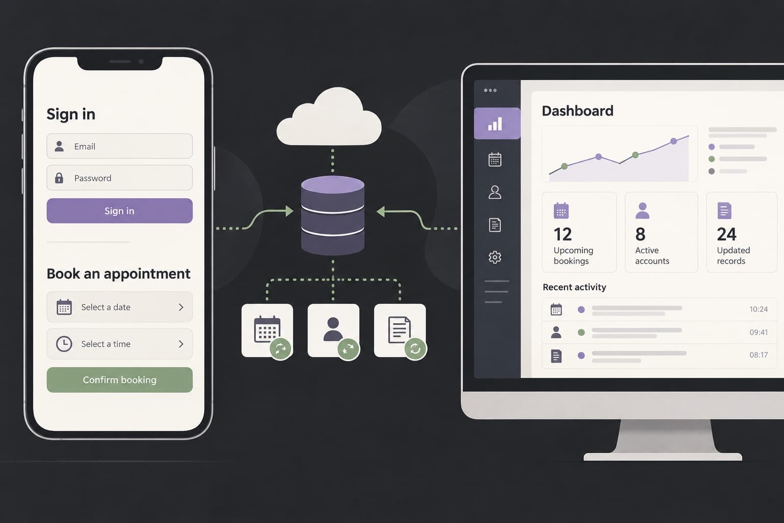 Illustration of a mobile booking app connected to business records.
