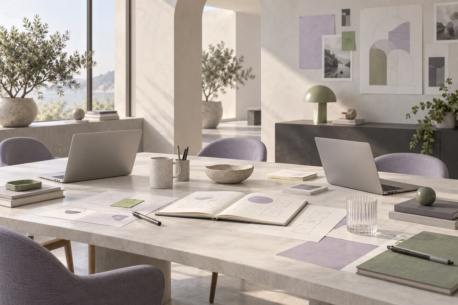 Generated illustration of a calm workshop with laptops and interface sketches.