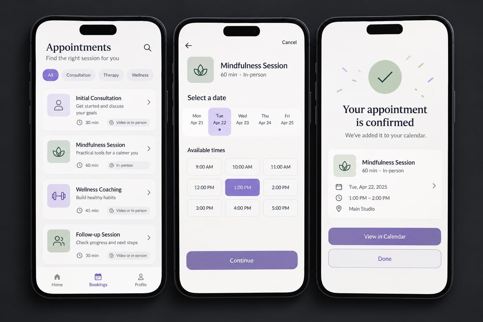 Illustration of a mobile booking journey from browsing to confirmation.
