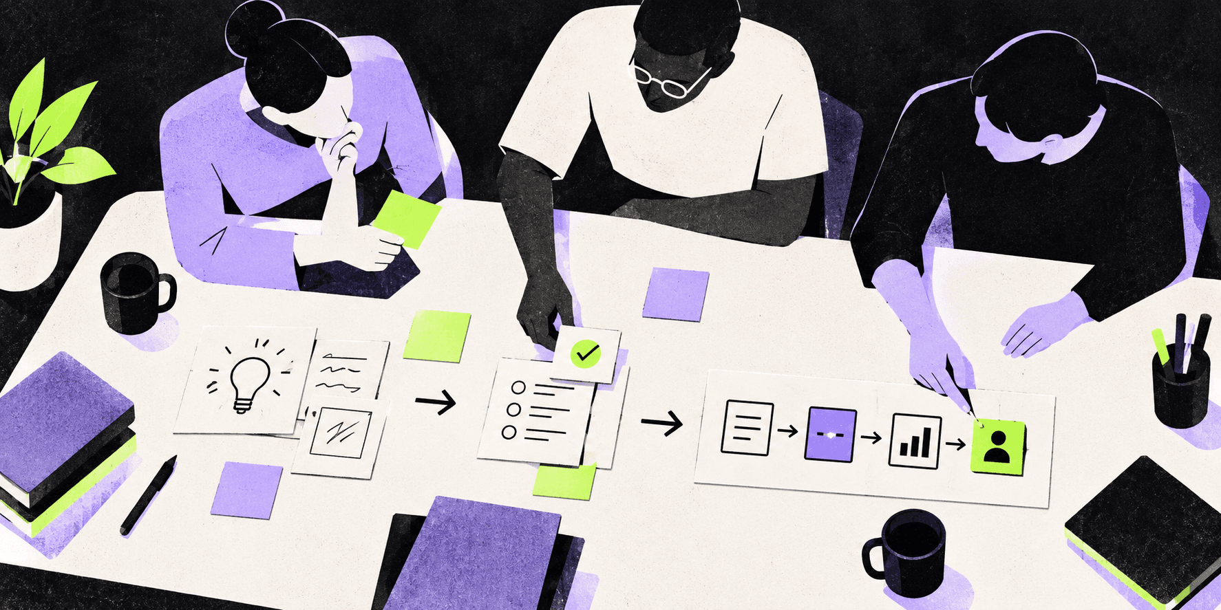 Editorial illustration of engineers developing an idea into a tested business workflow
