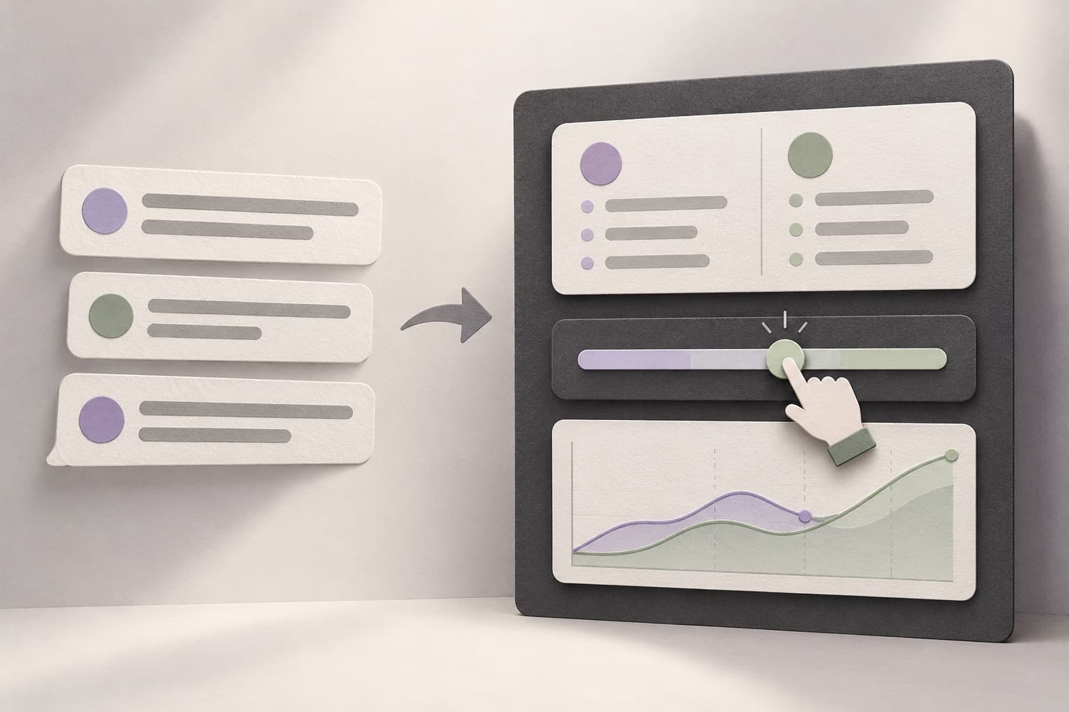 Editorial illustration of text becoming comparison cards, a slider, and a chart.